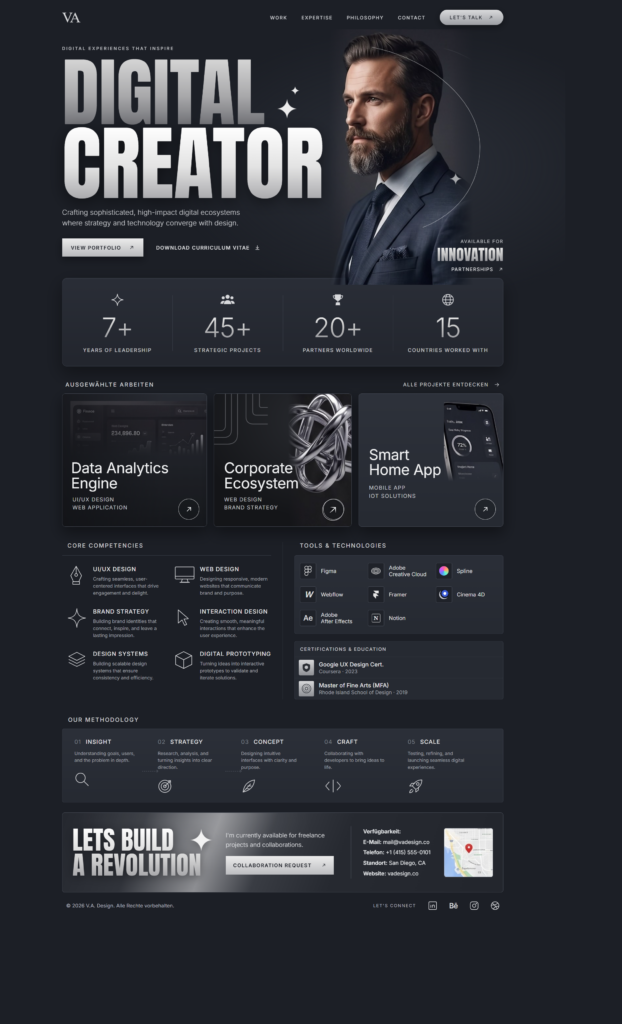 Dunkles, futuristisches & elegantes Portfolio-Website Design für Digital Creators, UX/UI Designer & Fullstack Entwickler. Key-Elemente: Bold Typography Header, Stats-Sektion, Bento-Grid Portfolio-Kacheln, Tool-Stack (Figma, Webflow, Framer, Spline) und strukturierte Methodik. Perfekte Inspiration für moderne, edle Dark-Mode Webdesigns & High-End Corporate Portfolios