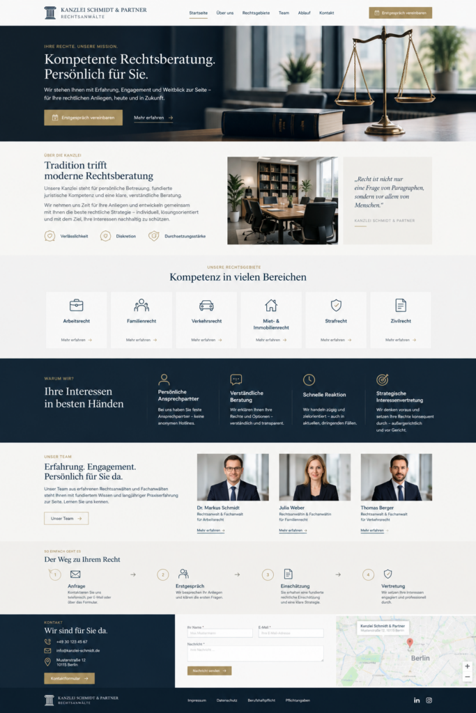 Vollständiger Webdesign-Entwurf einer modernen Anwaltskanzlei-Website im Dark- & Light-Design. Der Header zeigt ein Buch mit Richterhammer sowie die Headline „Kompetente Rechtsberatung. Persönlich für Sie.“. Darunter folgen Sektionen für Rechtsgebiete mit Icons, Teambilder der Rechtsanwälte, ein 4-Schritte-Ablauf und ein Kontaktformular mit Kartenausschnitt.